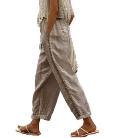 Women's White Cotton Linen Pants Elastic High Waisted Lace Patchwork Comfy Loose Summer Beach Pants with Pockets Khaki $13.33...