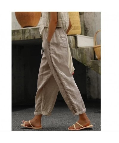 Women's White Cotton Linen Pants Elastic High Waisted Lace Patchwork Comfy Loose Summer Beach Pants with Pockets Khaki $13.33...