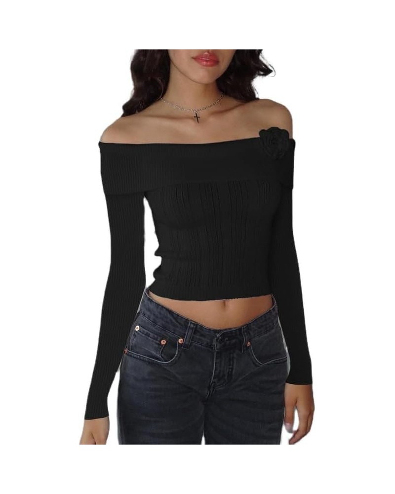 Women Y2k Sexy Off Shoulder Sweater Knitted Long Sleeve Crop Top Slim Fit Cropped Shirt Streetwear for Casual Daily A2-a7-whi...