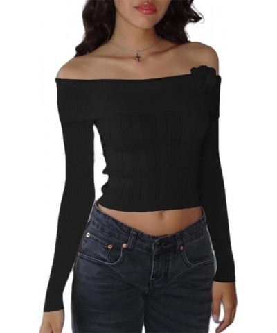 Women Y2k Sexy Off Shoulder Sweater Knitted Long Sleeve Crop Top Slim Fit Cropped Shirt Streetwear for Casual Daily A2-a7-whi...