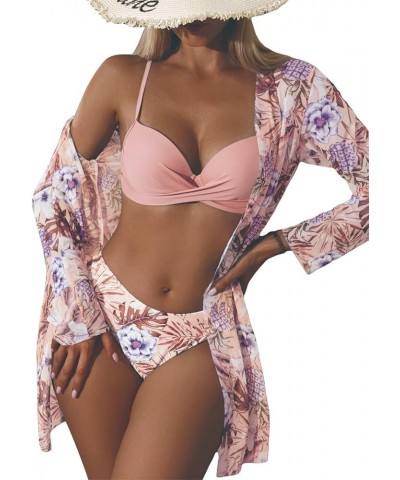 Women's 3 Piece Swimsuits Tropical Push Up Bikini Sets Beach Long Sleeve Bathing Suits with Kimono Cover Up Pink $22.41 Swims...