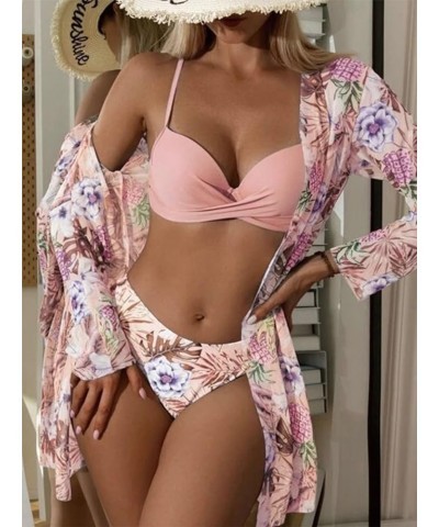 Women's 3 Piece Swimsuits Tropical Push Up Bikini Sets Beach Long Sleeve Bathing Suits with Kimono Cover Up Pink $22.41 Swims...