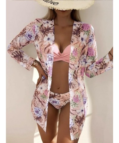 Women's 3 Piece Swimsuits Tropical Push Up Bikini Sets Beach Long Sleeve Bathing Suits with Kimono Cover Up Pink $22.41 Swims...