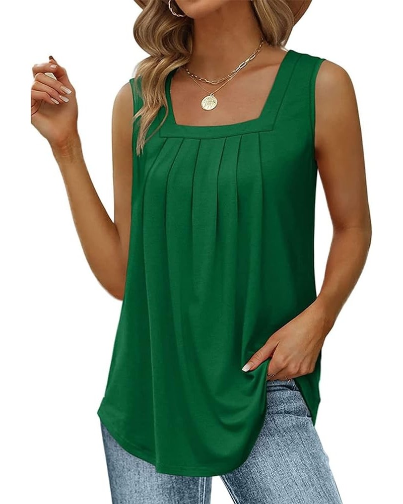 Women's Summer Tank Tops Pleated Square Neck Sleeveless Tops Loose Fit Curved Hem Tunic Shirt Green $8.99 Tops