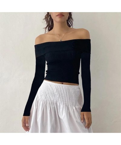 Women Y2k Sexy Off Shoulder Sweater Knitted Long Sleeve Crop Top Slim Fit Cropped Shirt Streetwear for Casual Daily A2-a7-whi...