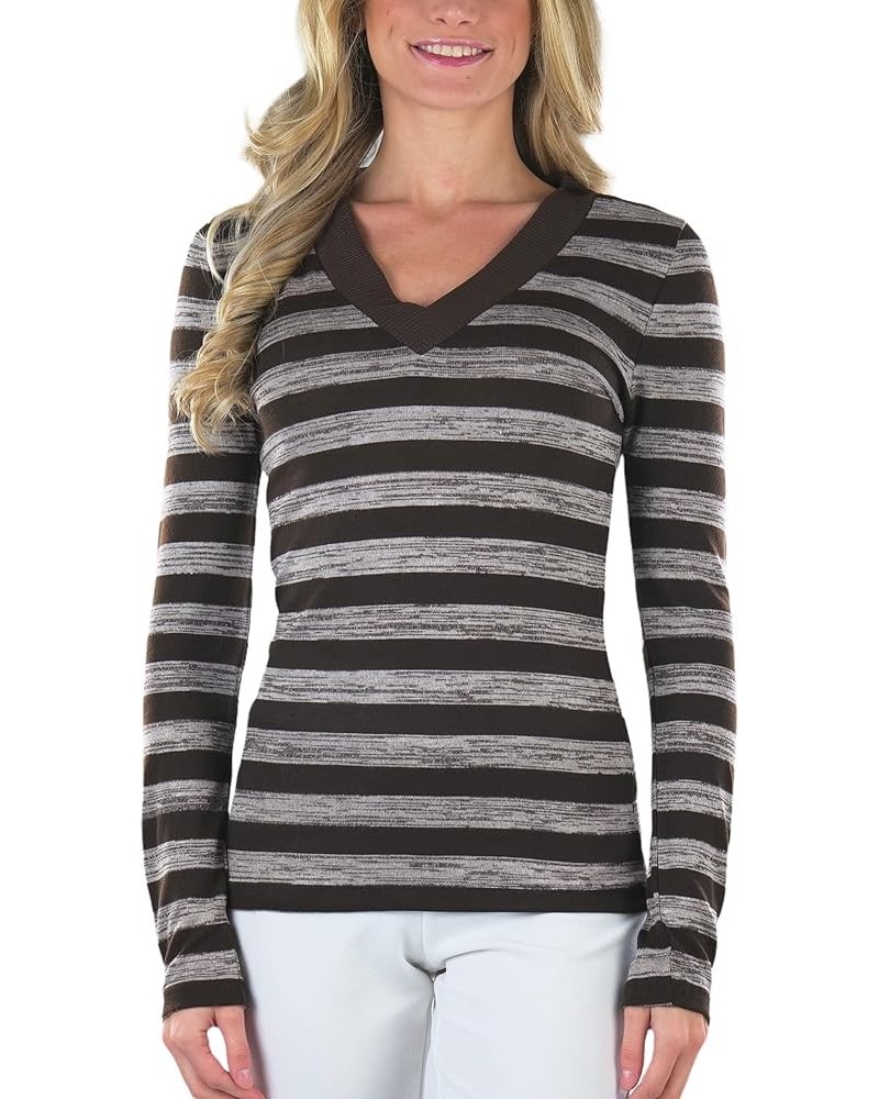 Women's Classic Long Sleeve V-Neck Pullover Sweater Striped: Brown $10.23 Sweaters