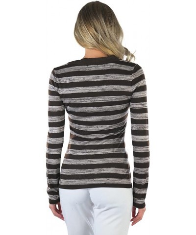 Women's Classic Long Sleeve V-Neck Pullover Sweater Striped: Brown $10.23 Sweaters