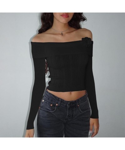 Women Y2k Sexy Off Shoulder Sweater Knitted Long Sleeve Crop Top Slim Fit Cropped Shirt Streetwear for Casual Daily A2-a7-whi...