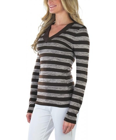 Women's Classic Long Sleeve V-Neck Pullover Sweater Striped: Brown $10.23 Sweaters