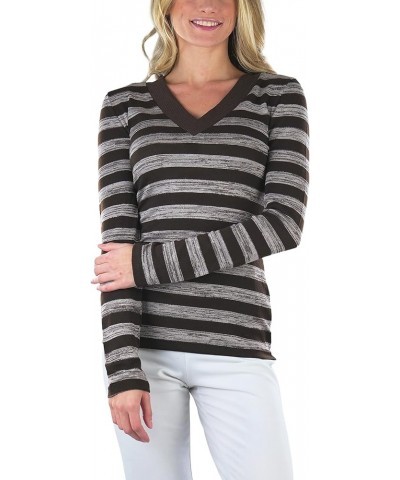 Women's Classic Long Sleeve V-Neck Pullover Sweater Striped: Brown $10.23 Sweaters