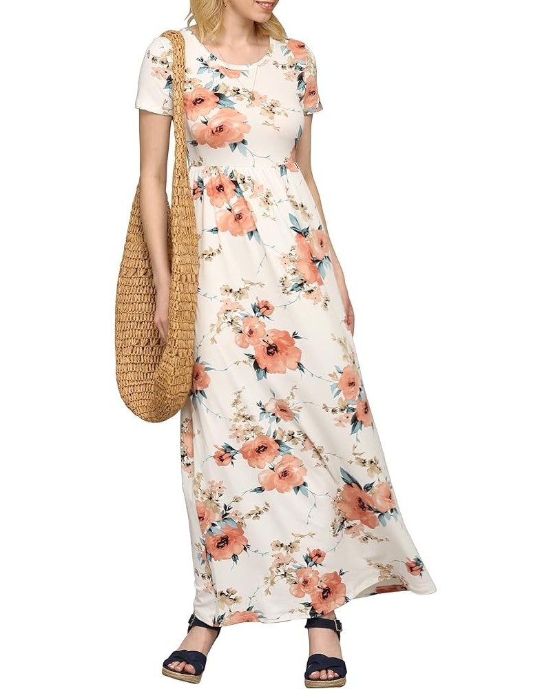 Womens Short Sleeve Loose Plain Casual Long Maxi Dresses with Pockets Wdr2284_white_floral $12.13 Dresses