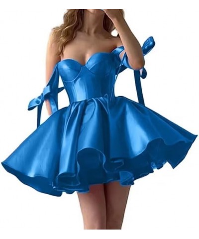 Satin Short Prom Dresses 2024 Bow Spaghetti Straps Cocktail Dresses for Women Mini Formal Evening Party Gowns Blue $32.49 Dre...