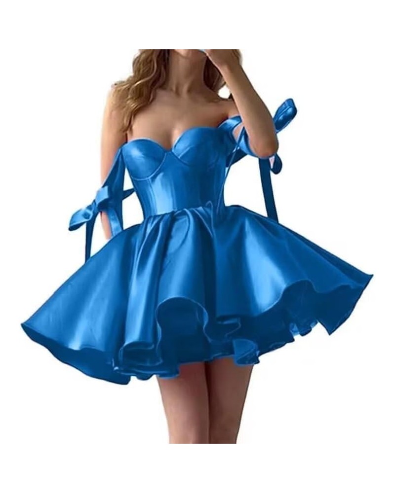 Satin Short Prom Dresses 2024 Bow Spaghetti Straps Cocktail Dresses for Women Mini Formal Evening Party Gowns Blue $32.49 Dre...