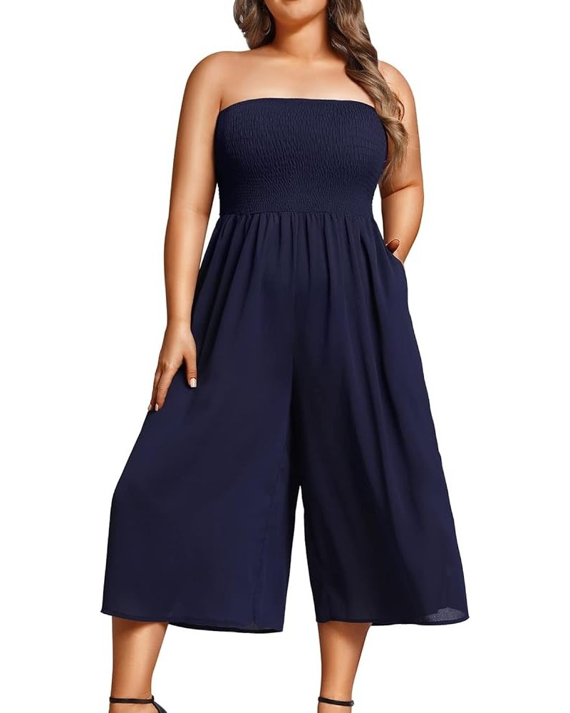 Plus Size Jumpsuits Women Cover Up Casual Off Shoulder Strapless Wide Leg Pants Romper with Pockets Navy Blue $18.06 Jumpsuits