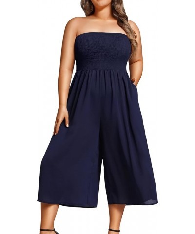 Plus Size Jumpsuits Women Cover Up Casual Off Shoulder Strapless Wide Leg Pants Romper with Pockets Navy Blue $18.06 Jumpsuits