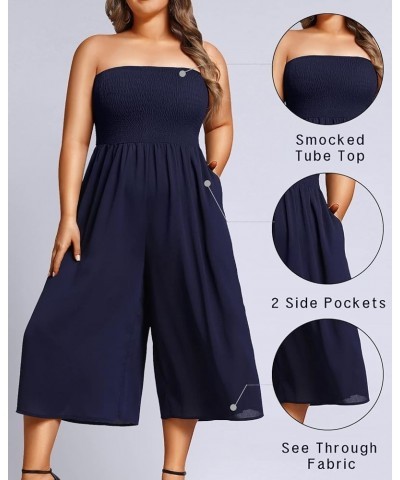 Plus Size Jumpsuits Women Cover Up Casual Off Shoulder Strapless Wide Leg Pants Romper with Pockets Navy Blue $18.06 Jumpsuits