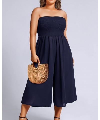 Plus Size Jumpsuits Women Cover Up Casual Off Shoulder Strapless Wide Leg Pants Romper with Pockets Navy Blue $18.06 Jumpsuits