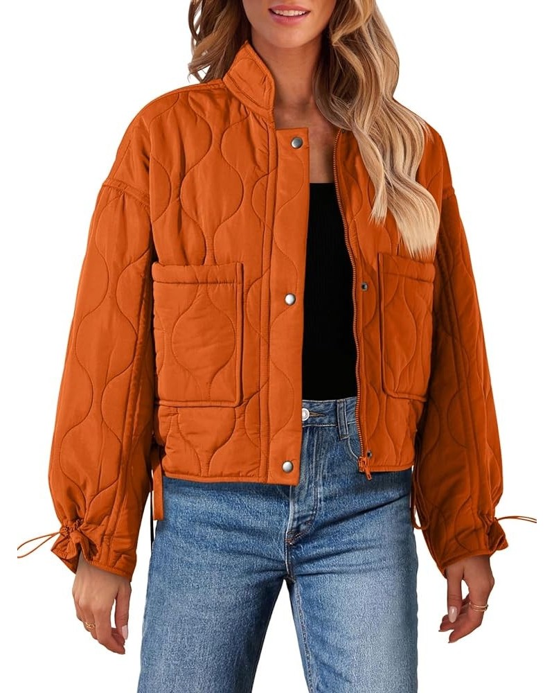 Women's Cropped Zip-Up Bomber Jackets Warm Quilted Long Sleeve Stand Neck Winter Coats Orange $33.14 Jackets