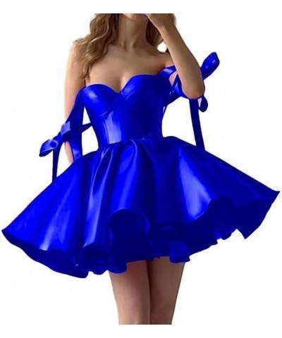 Satin Short Prom Dresses 2024 Bow Spaghetti Straps Cocktail Dresses for Women Mini Formal Evening Party Gowns Blue $32.49 Dre...