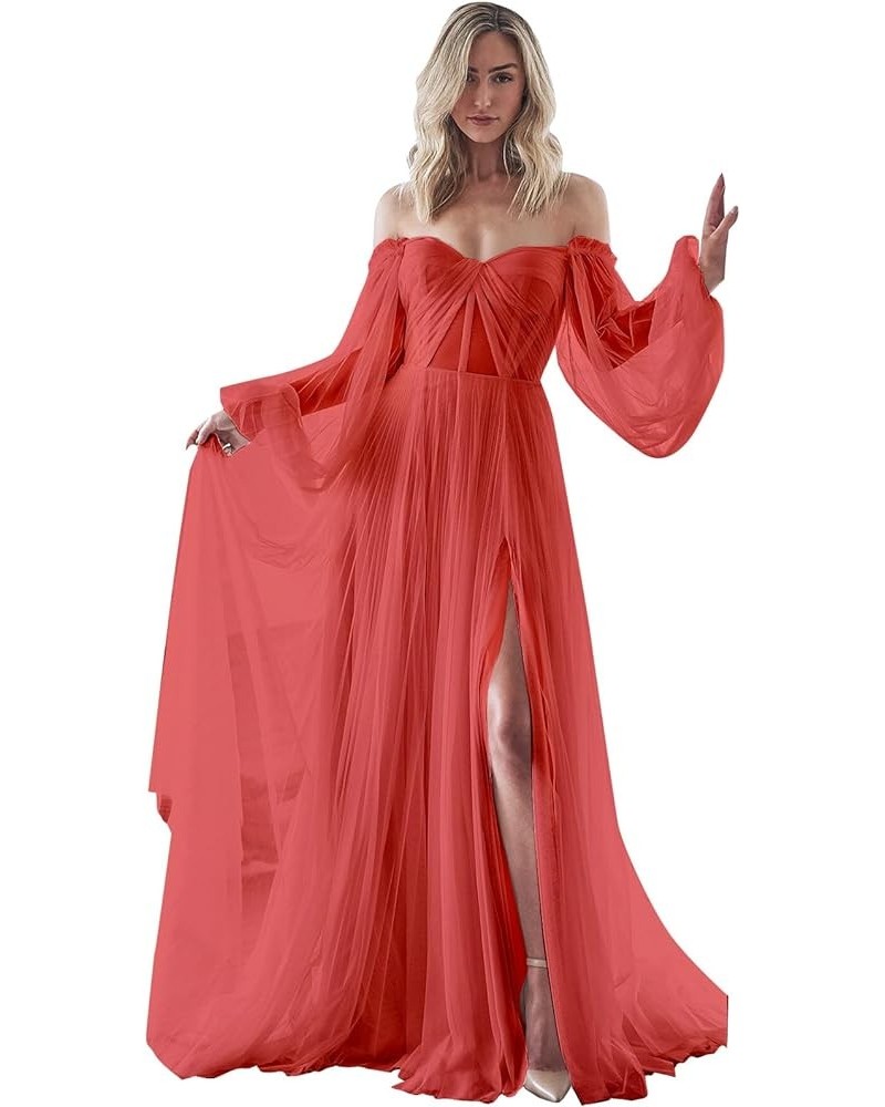 Strapless Prom Dress Long Bell Sleeve Sheer Corset Top A Line Tulle Wedding Dresses for Bride Evening Gowns Coral $32.40 Dresses