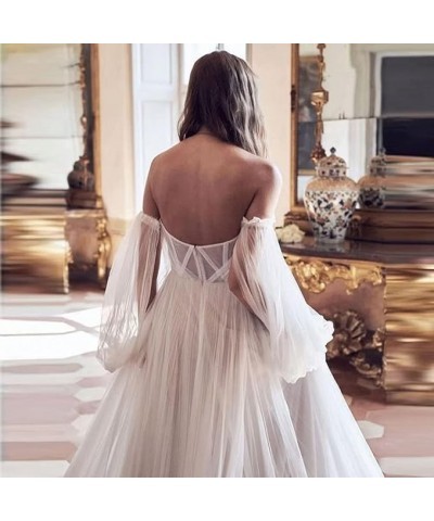 Strapless Prom Dress Long Bell Sleeve Sheer Corset Top A Line Tulle Wedding Dresses for Bride Evening Gowns Coral $32.40 Dresses