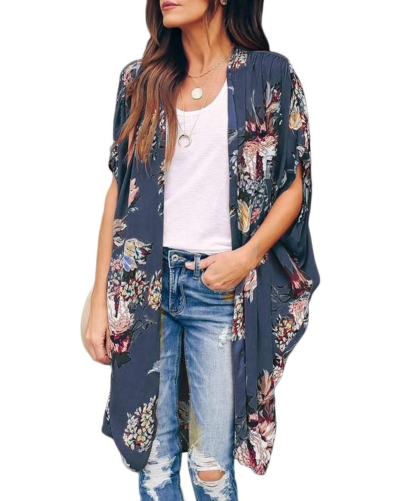 Womens Floral Kimono Duster Cardigans Short Sleeve Draped Oversized Beach Cover Up Cape Blue $14.50 Swimsuits