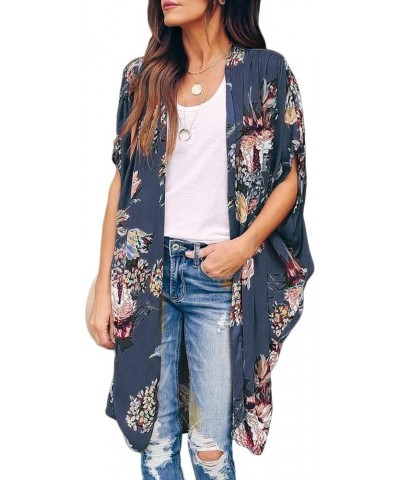 Womens Floral Kimono Duster Cardigans Short Sleeve Draped Oversized Beach Cover Up Cape Blue $14.50 Swimsuits