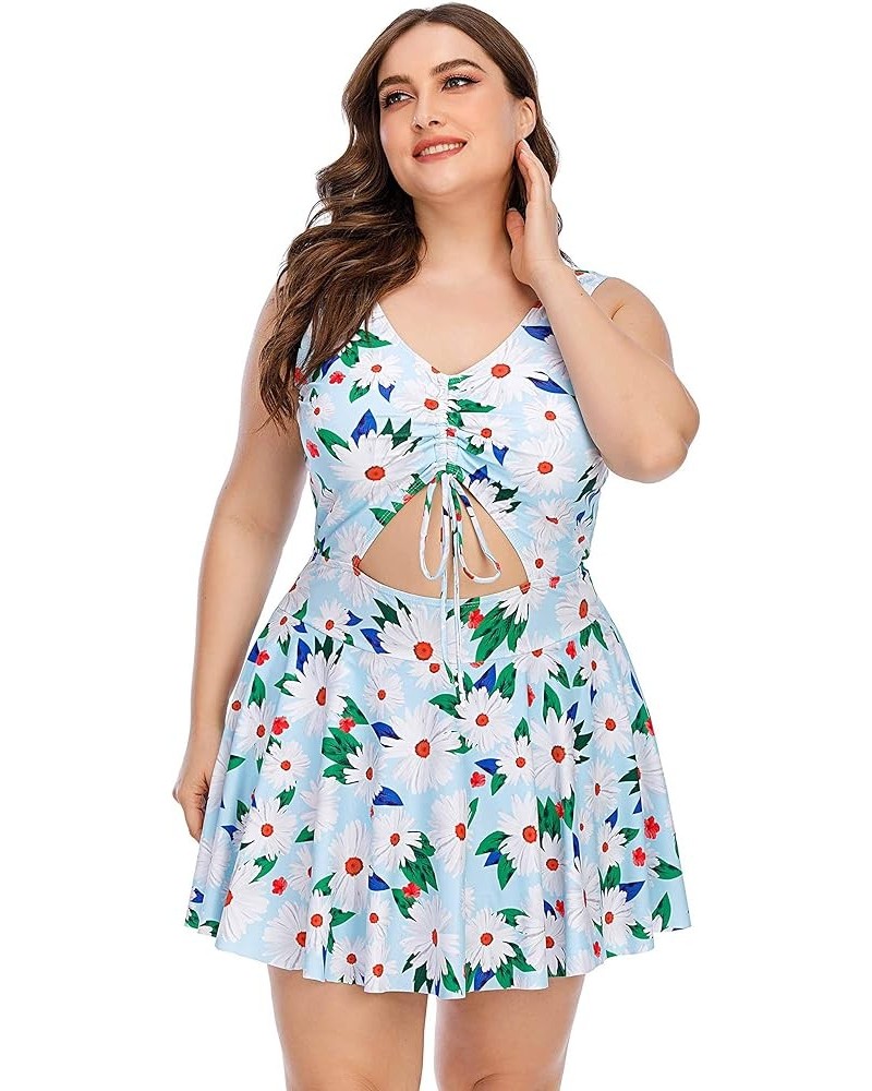 Women's Plus Size Strappy Tropical Leaf Cutout Swimdress Swimsuit Daisy in Blue $19.07 Swimsuits