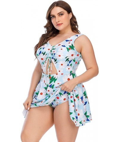 Women's Plus Size Strappy Tropical Leaf Cutout Swimdress Swimsuit Daisy in Blue $19.07 Swimsuits