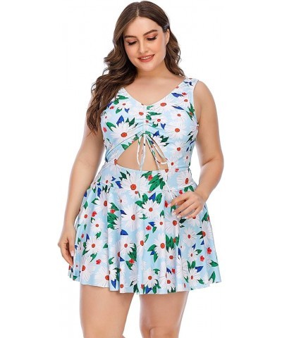 Women's Plus Size Strappy Tropical Leaf Cutout Swimdress Swimsuit Daisy in Blue $19.07 Swimsuits