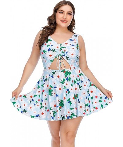 Women's Plus Size Strappy Tropical Leaf Cutout Swimdress Swimsuit Daisy in Blue $19.07 Swimsuits