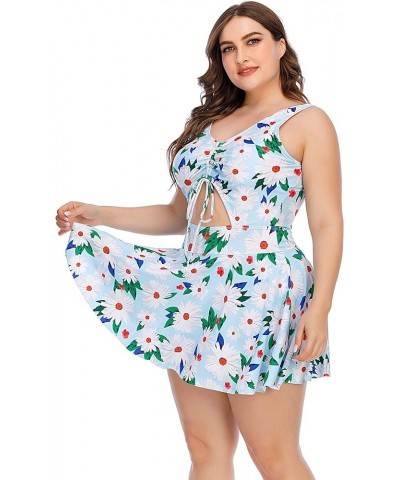 Women's Plus Size Strappy Tropical Leaf Cutout Swimdress Swimsuit Daisy in Blue $19.07 Swimsuits