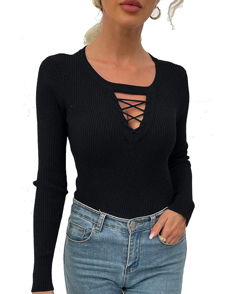 Women's Sweater Sexy Fitted Zipper V Neck Knitwear Pullover Sweater Black01 $13.52 Sweaters