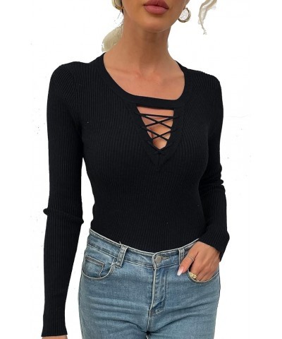 Women's Sweater Sexy Fitted Zipper V Neck Knitwear Pullover Sweater Black01 $13.52 Sweaters