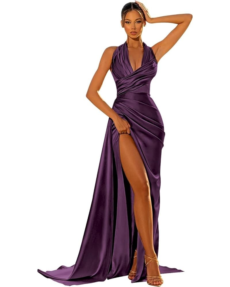 Women's Mermaid Satin Prom Dresses Long Ball Gown Halter Ruched Formal Evening Party Dress Plum $27.95 Dresses