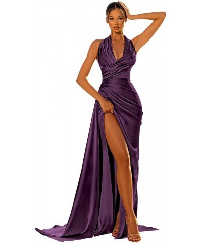 Women's Mermaid Satin Prom Dresses Long Ball Gown Halter Ruched Formal Evening Party Dress Plum $27.95 Dresses