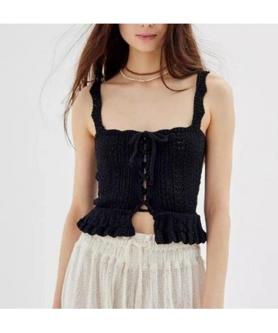 Women Crochet Vest Top Y2k Knit V Neck Sleeveless Button Down Streetwear B3 Black $10.00 Sweaters