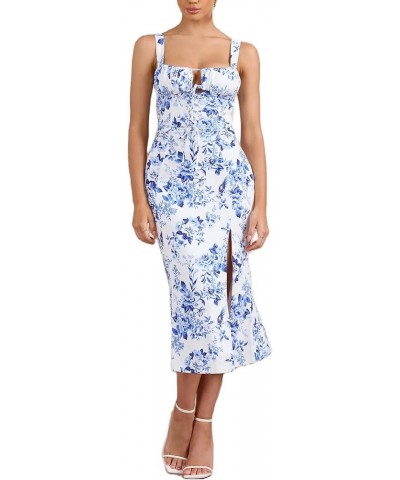 Women Y2k Square Neck Bustier Long Dress Floral Low Cut Spaghetti Strap Midi Dress Sleeveless Going Out Sundress G-blue Flora...