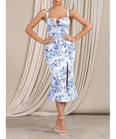 Women Y2k Square Neck Bustier Long Dress Floral Low Cut Spaghetti Strap Midi Dress Sleeveless Going Out Sundress G-blue Flora...