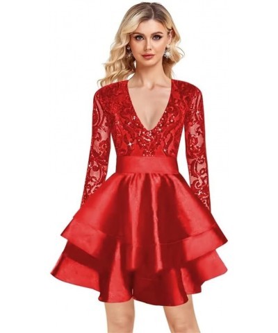 Long Sleeve Sequin Homecoming Dresses for Teens V Neck Layered Short Sparkly Evening Party Dress 2023 Red $37.80 Dresses