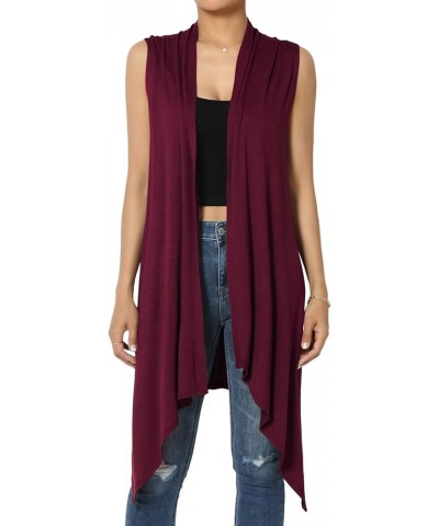 Women's Draped Jersey Open Front Sleeveless Cardigan Waterfall Asymmetric Vest Dark Burgundy $11.72 Sweaters