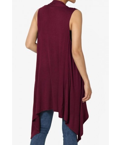 Women's Draped Jersey Open Front Sleeveless Cardigan Waterfall Asymmetric Vest Dark Burgundy $11.72 Sweaters