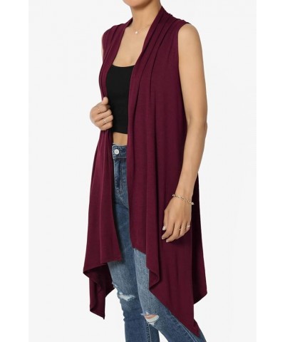 Women's Draped Jersey Open Front Sleeveless Cardigan Waterfall Asymmetric Vest Dark Burgundy $11.72 Sweaters