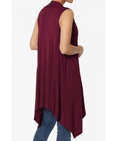 Women's Draped Jersey Open Front Sleeveless Cardigan Waterfall Asymmetric Vest Dark Burgundy $11.72 Sweaters