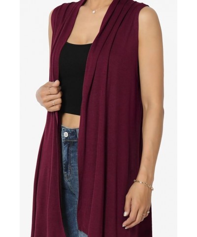 Women's Draped Jersey Open Front Sleeveless Cardigan Waterfall Asymmetric Vest Dark Burgundy $11.72 Sweaters