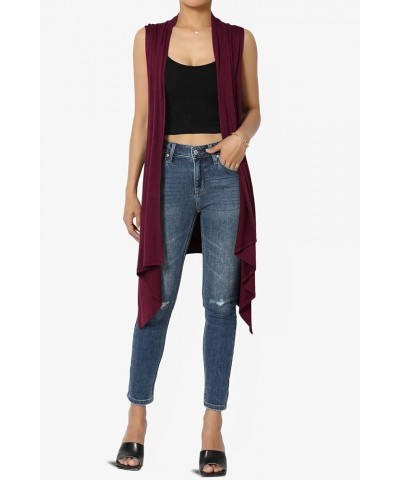 Women's Draped Jersey Open Front Sleeveless Cardigan Waterfall Asymmetric Vest Dark Burgundy $11.72 Sweaters