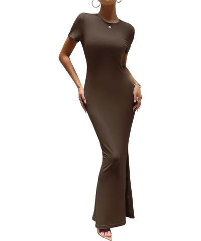 Women's Summer Bodycon Maxi Dress Casual Short Sleeve Tight Long Dresses Crew Neck Lounge Ribbed Tshirt Dress Brown $13.64 Li...