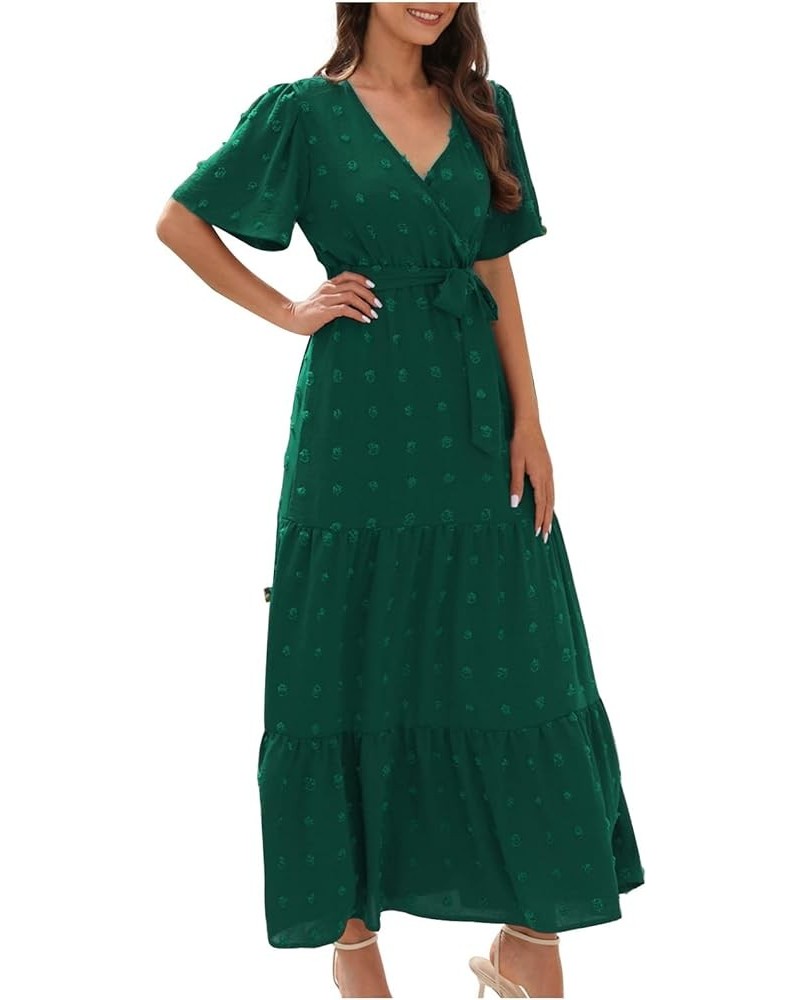 Summer Dresses for Women 2023 Casual Polka Dots Boho Dress Short Sleeve V Neck Smocked High Waist Tiered Maxi Dress 01-green ...