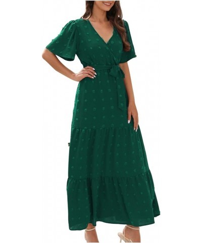 Summer Dresses for Women 2023 Casual Polka Dots Boho Dress Short Sleeve V Neck Smocked High Waist Tiered Maxi Dress 01-green ...