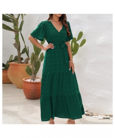 Summer Dresses for Women 2023 Casual Polka Dots Boho Dress Short Sleeve V Neck Smocked High Waist Tiered Maxi Dress 01-green ...